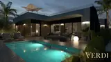 Piscina y villa al anochecer — visualización del modelo JULIET