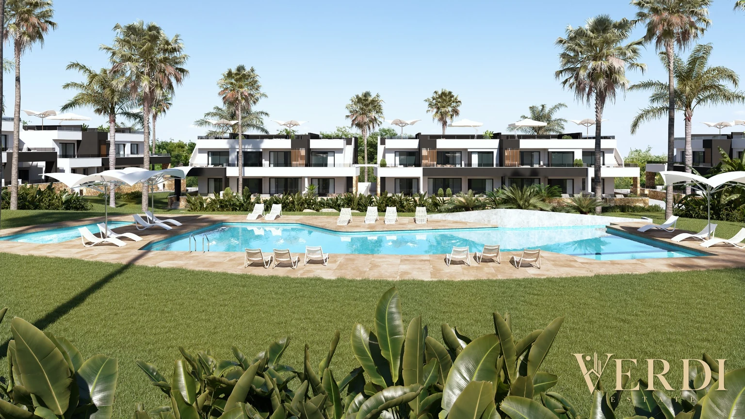 Lo Marabú communal pool and bungalow buildings — project visualisation